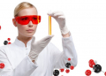 Young woman doctor in glasses hands vial on chemical combination background. Research concept.