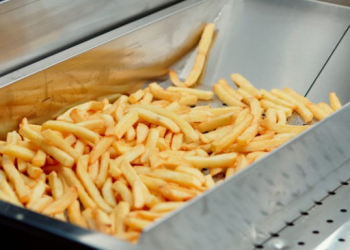 Deep fryer with french fries at restaurant kitchen