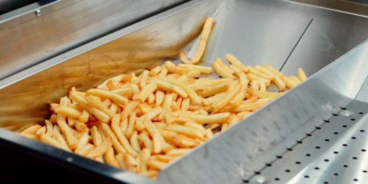 Deep fryer with french fries at restaurant kitchen