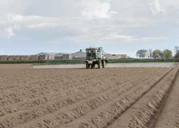 Spraying pre emergence residual herbicide onto potatoes - Lincolnshire, April