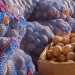 fresh potatoes in the box, potatoes, view on bags and crates of potato in storage house