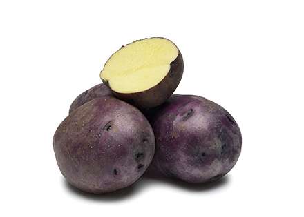 With its signature purple skin, yellow flesh, and small size, the Huckleberry Gold potato, co-developed by ARS, is gaining popularity with consumers and niche markets alike. (Photo courtesy of PVMI.org)