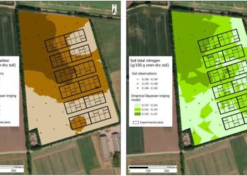 The field with soil observations from 1986 in the 0–20 cm layer and prediction maps for soil organic carbon content (left) and soil total nitrogen content (right) based on Empirical Bayesian kriging. The experimental plots are indicated. Credit: Geoderma (2022). DOI: 10.1016/j.geoderma.2022.116022