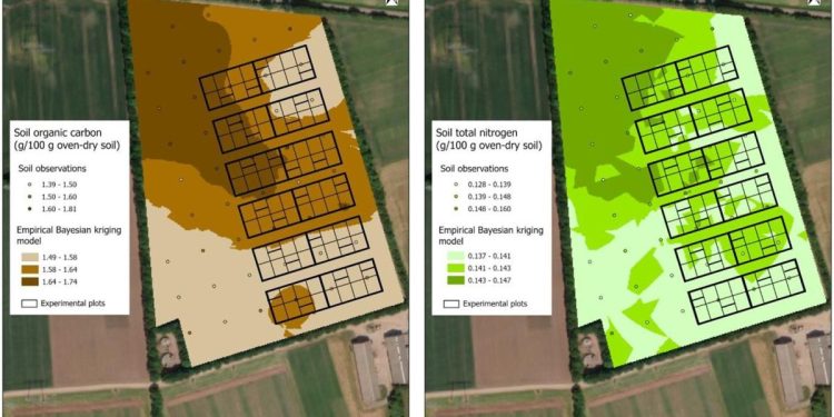 The field with soil observations from 1986 in the 0–20 cm layer and prediction maps for soil organic carbon content (left) and soil total nitrogen content (right) based on Empirical Bayesian kriging. The experimental plots are indicated. Credit: Geoderma (2022). DOI: 10.1016/j.geoderma.2022.116022