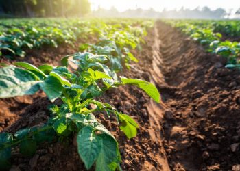 Young potato plant field in the morning,organic farm.