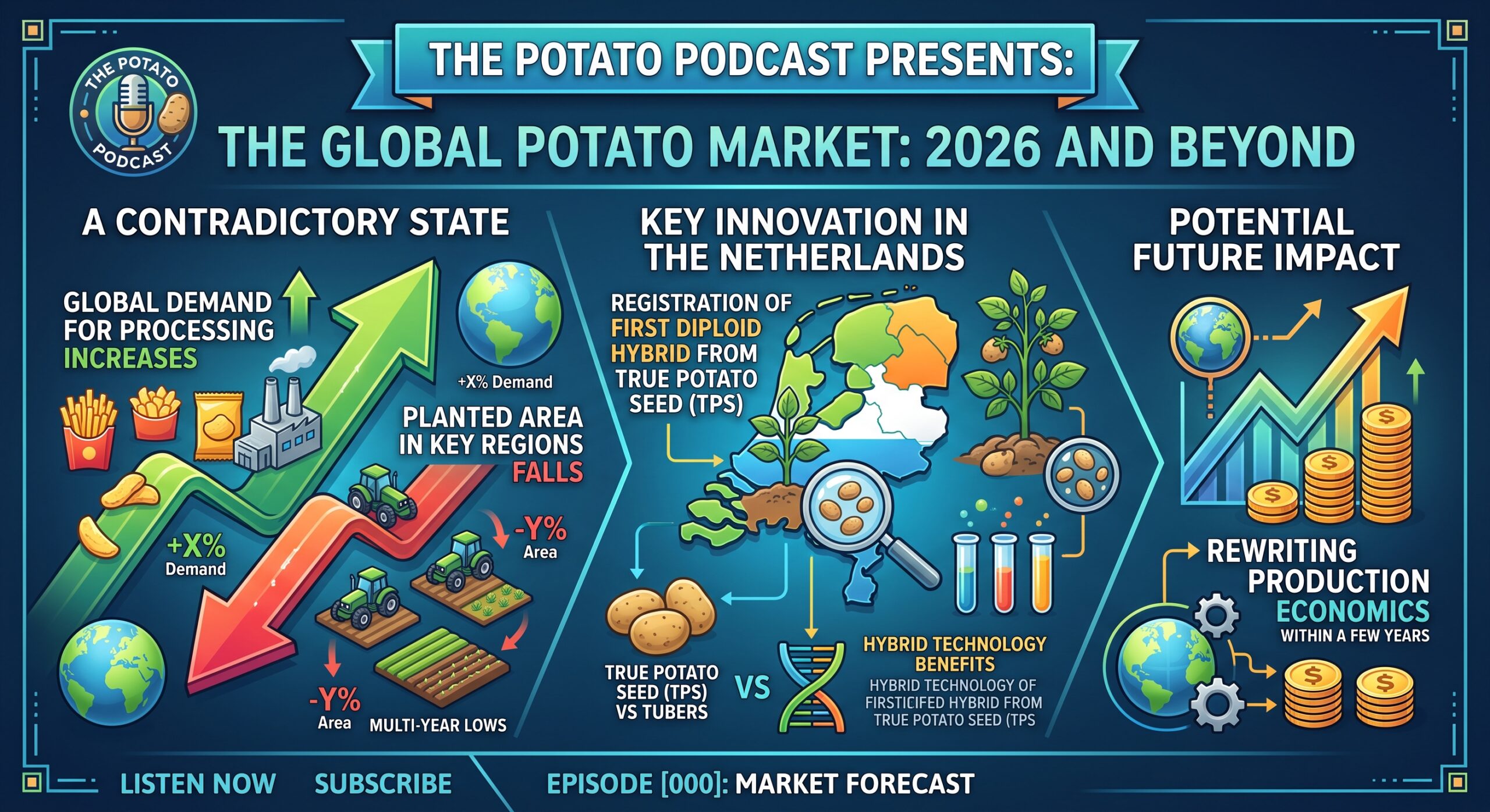 The global potato market entered 2026 in a state best described as contradictory: processing demands ever more raw material, while planted area in key regions is falling to multi-year lows. Against this backdrop, the Netherlands has registered the first diploid hybrid grown from true seed — an event that could rewrite the economics of production within a few years.