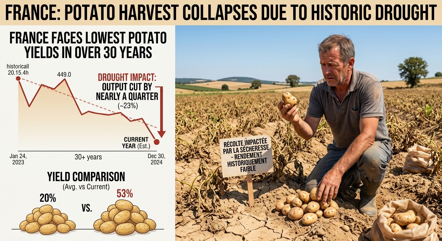 France faces its lowest potato yields in more than 30 years as drought cuts output by nearly a quarter