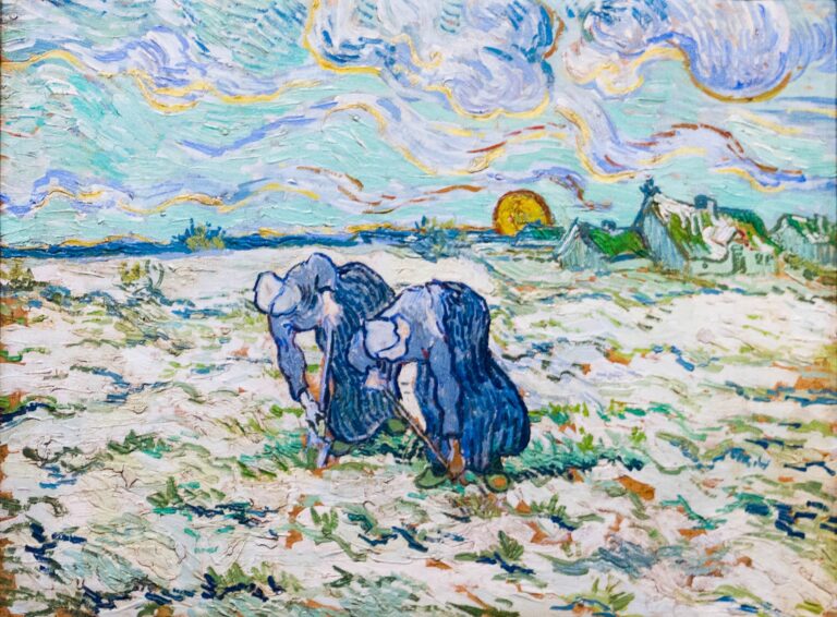 Frost During the Potato Harvest: How to Keep Frozen Tubers Out of Storage 2 Painting of two women digging a field covered with snow