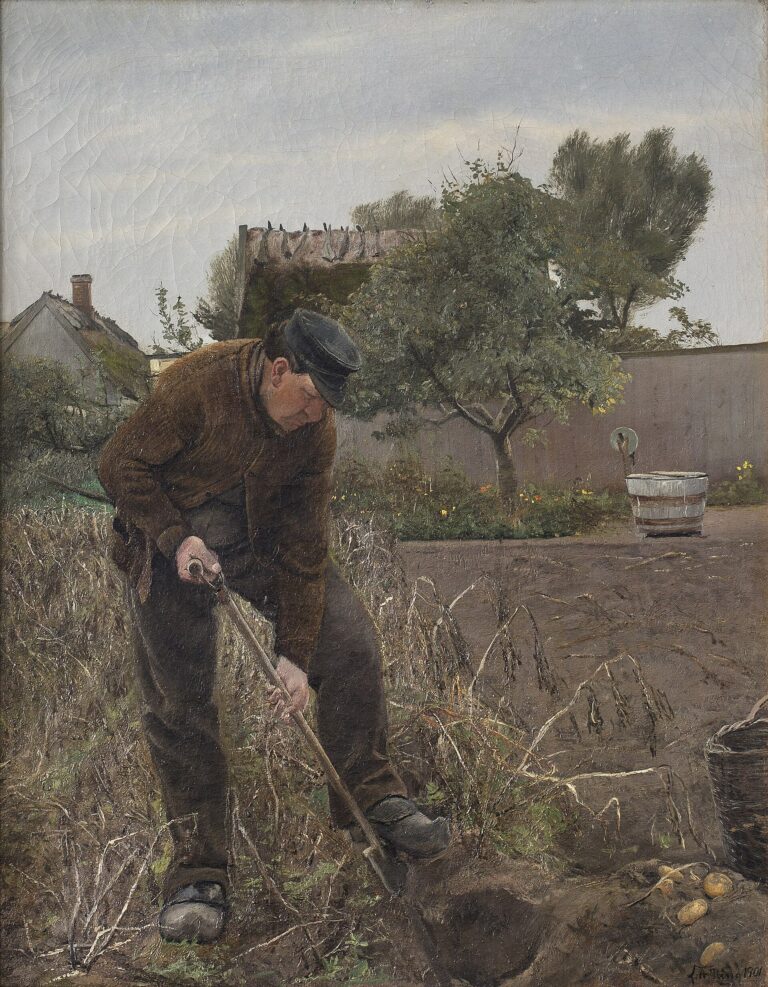 Um homem colhendo batatas, uma pintura de 1901 do artista dinamarquês L.A. Ring.