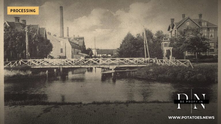 Global: La industria del almidón de la UE produce 6 millones de m³ de jugo de patata que generan proteínas que vale la pena recuperar. Fábrica de almidón de patata en Veelerveen, Países Bajos, 1935.
